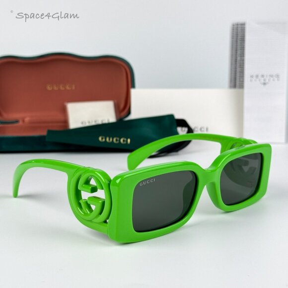 BRAND NEW Gucci GG1325S 009 Acid Green Grey Rectangle Unisex Sunglasses - Picture 3 of 10